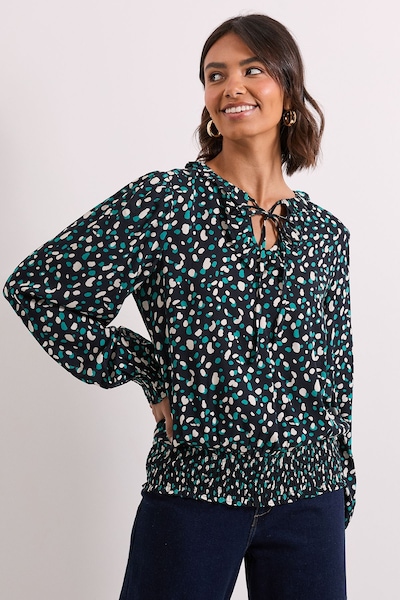 Dorothy Perkins Abstract Shirred Hem Tie Front Long Sleeve Top Black
