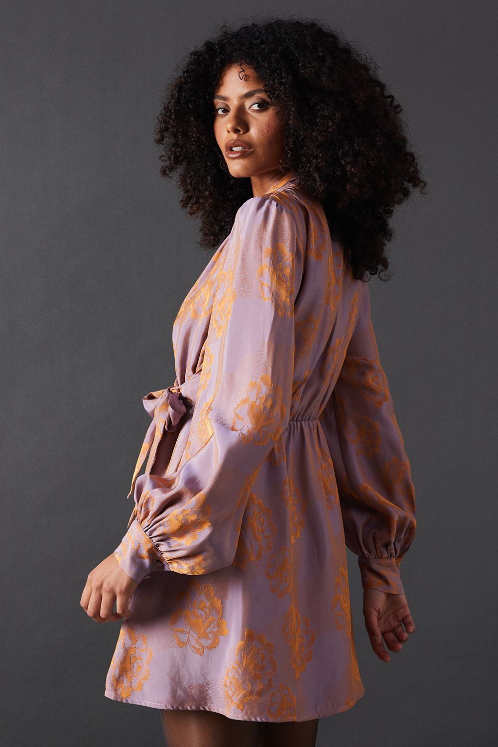 Warehouse Satin Rose Jacquard Tie Neck Flippy Mini Dress Purple image 3
