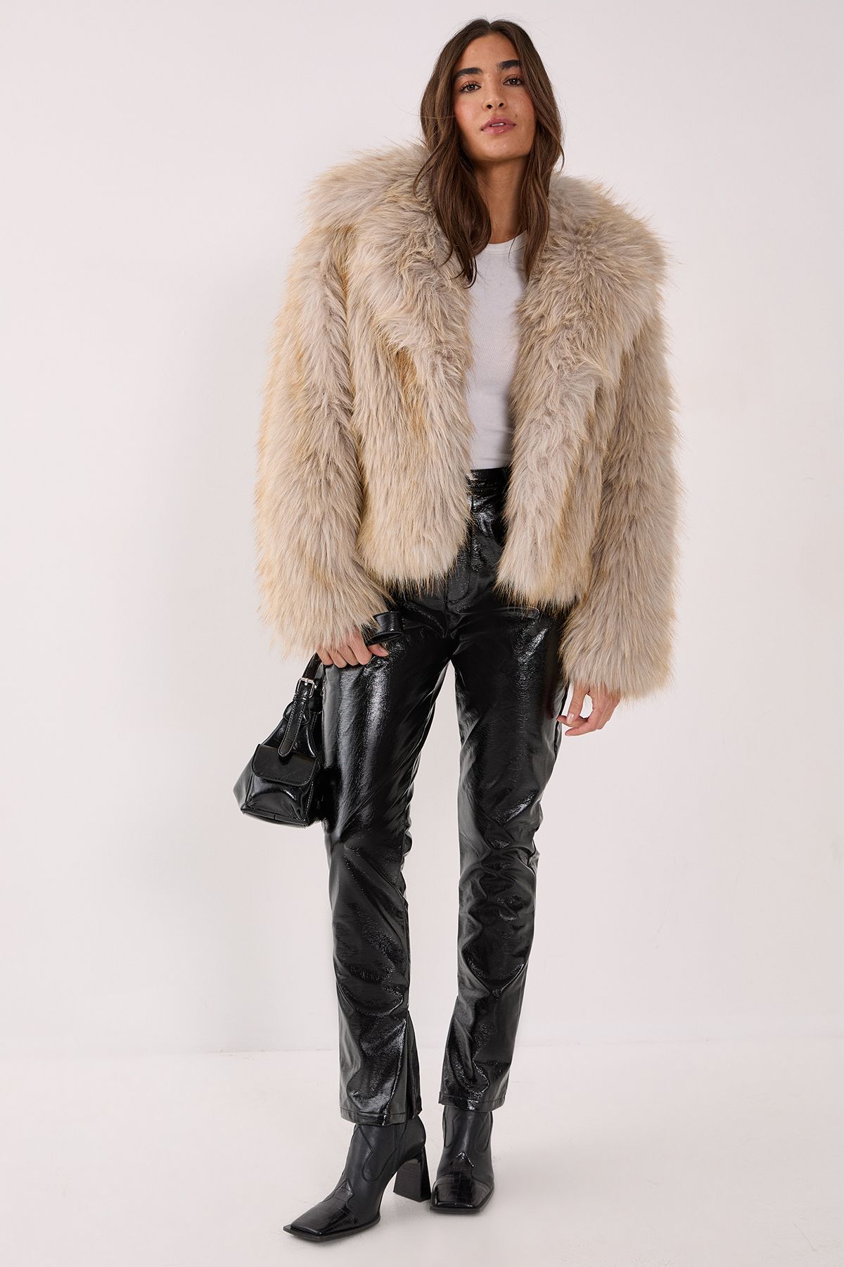 NastyGal Faux Fur Collared Cropped Coat Ecru image 2