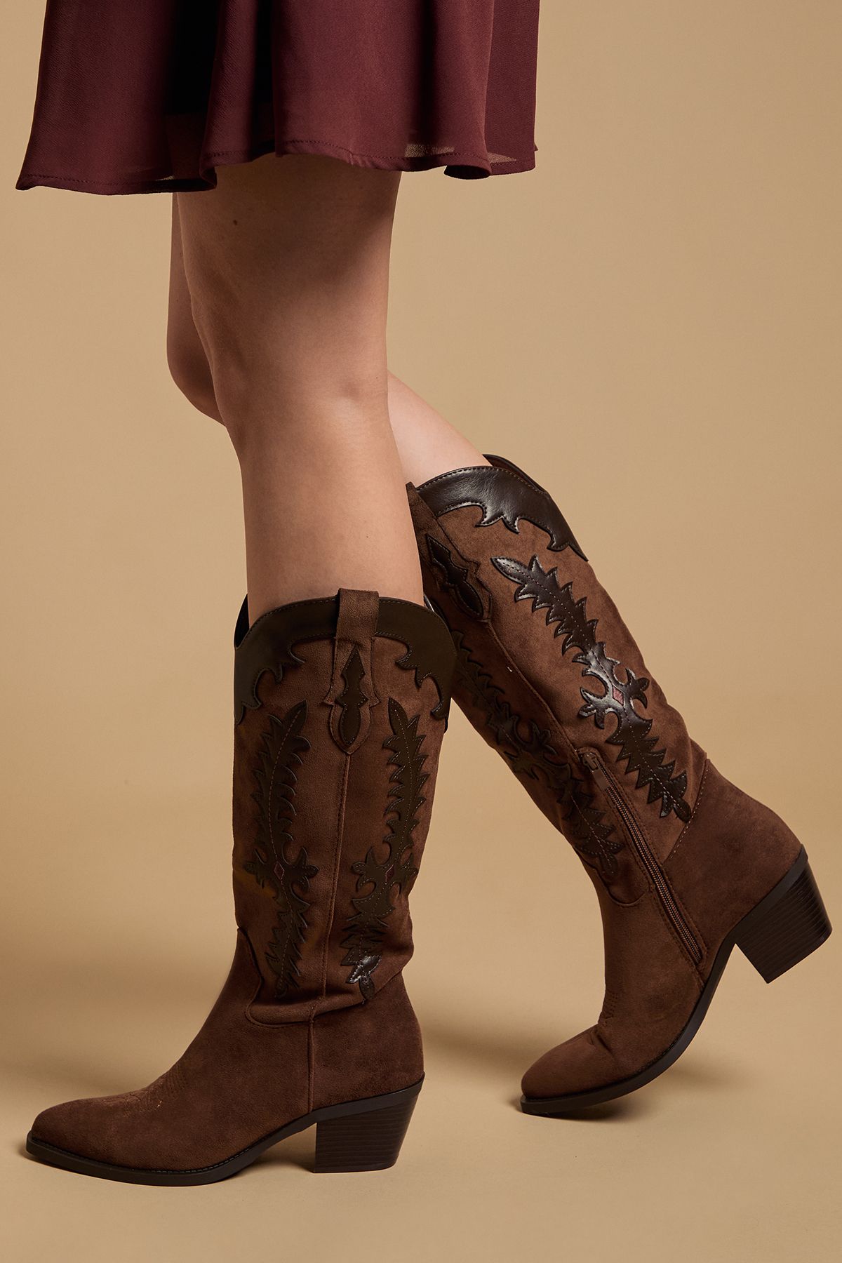 Oasis Jessie Faux Suede & Leather Western Cowboy Calf Boots Brown image 1