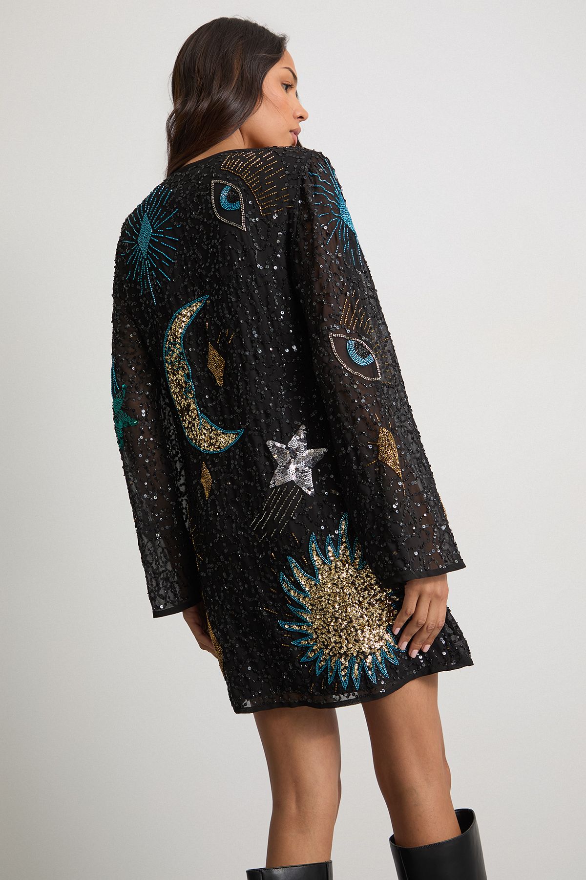 Warehouse Celestial Sequin Embellished Mini Dress Black image 3