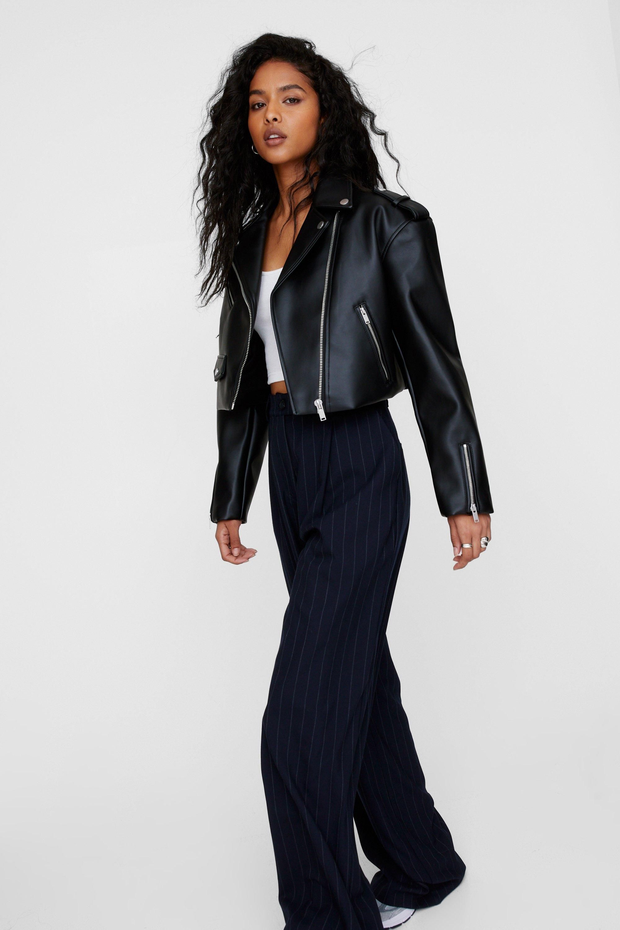 NastyGal Essentials Cropped Faux Leather Boxy Biker Black image 2