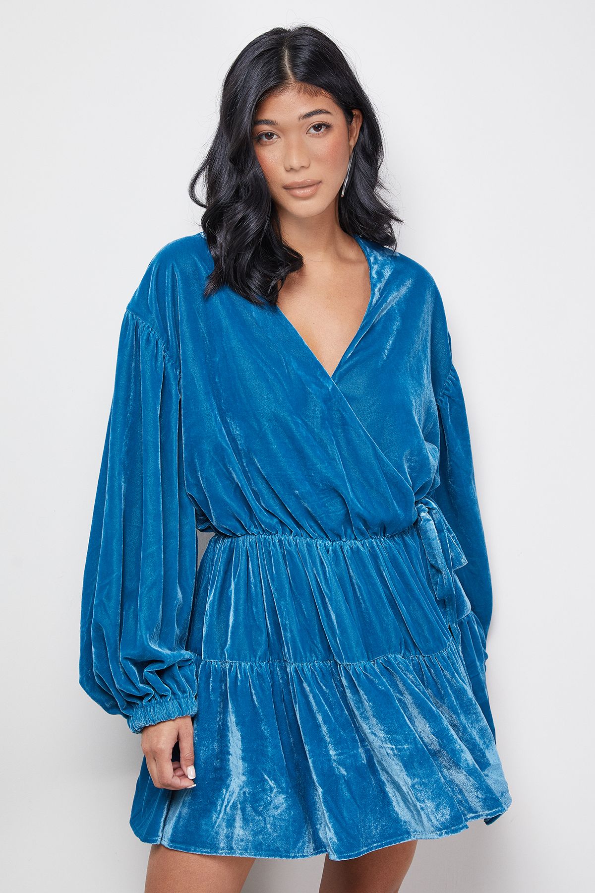 Warehouse Velvet Wrap Mini Smock Dress Teal