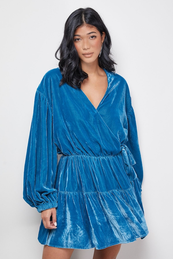 Warehouse Velvet Wrap Mini Smock Dress Teal