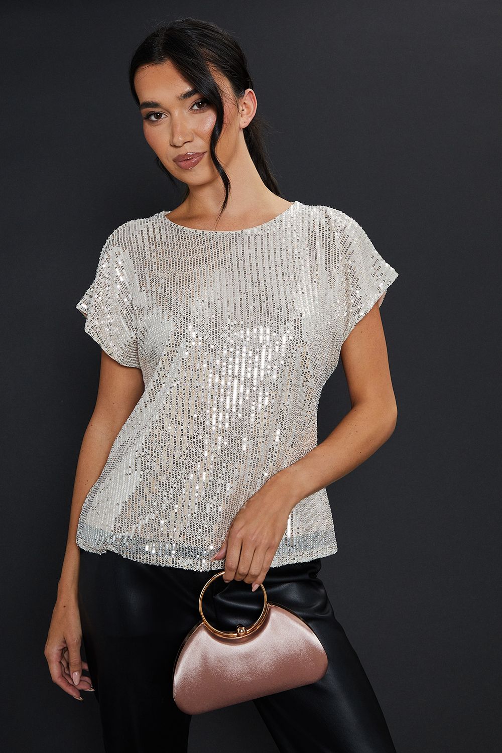 Dorothy Perkins Sequin Keyhole Shoulder Short Sleeve Top Champagne image 1