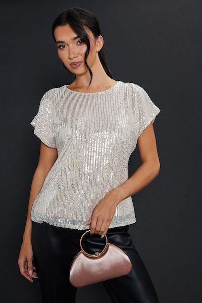 Dorothy Perkins Sequin Keyhole Shoulder Short Sleeve Top Champagne