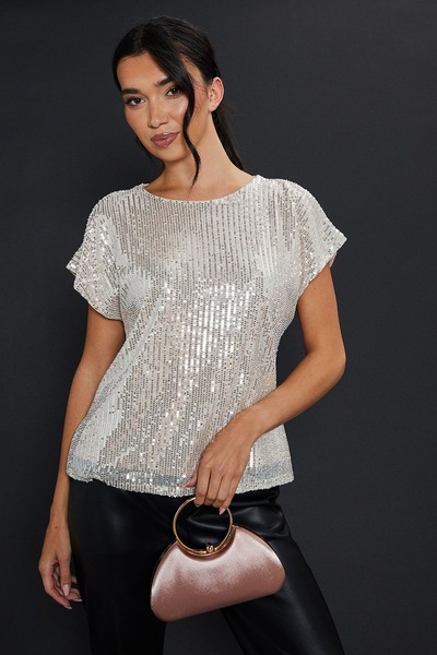 Dorothy Perkins Sequin Keyhole Shoulder Short Sleeve Top Champagne