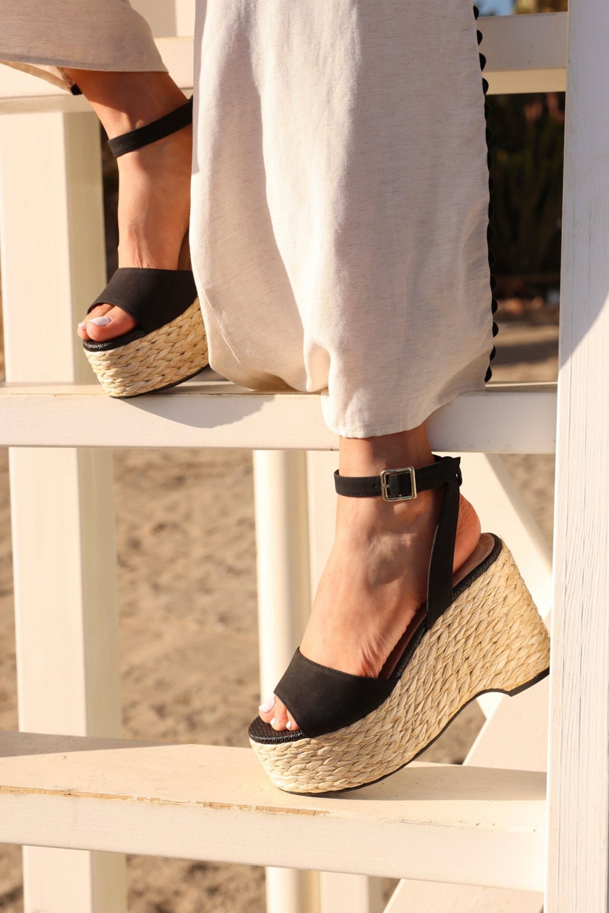 Linzi Pacific Black Faux Suede Espadrille Platform Wedge image 2