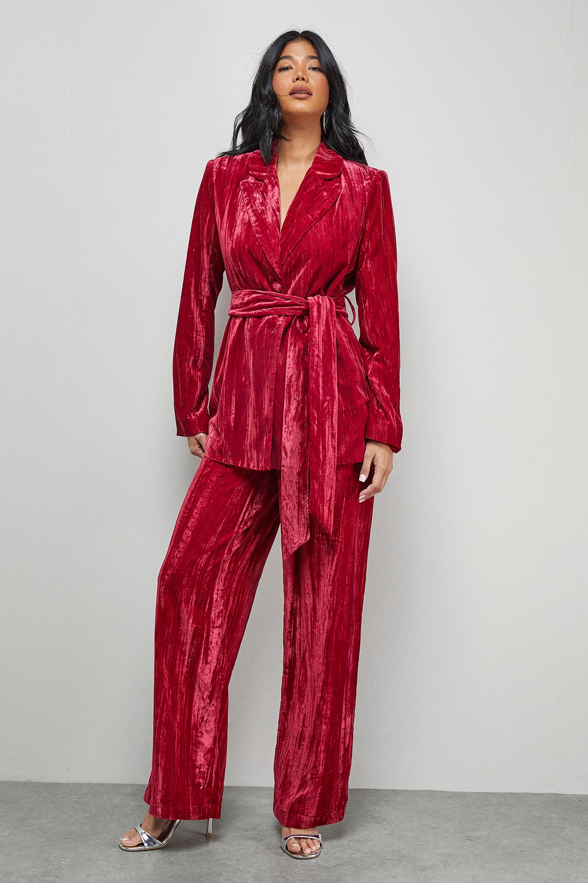 Warehouse Crushed Velvet Wide Leg Trouser Co-ord Hot Pink image 2