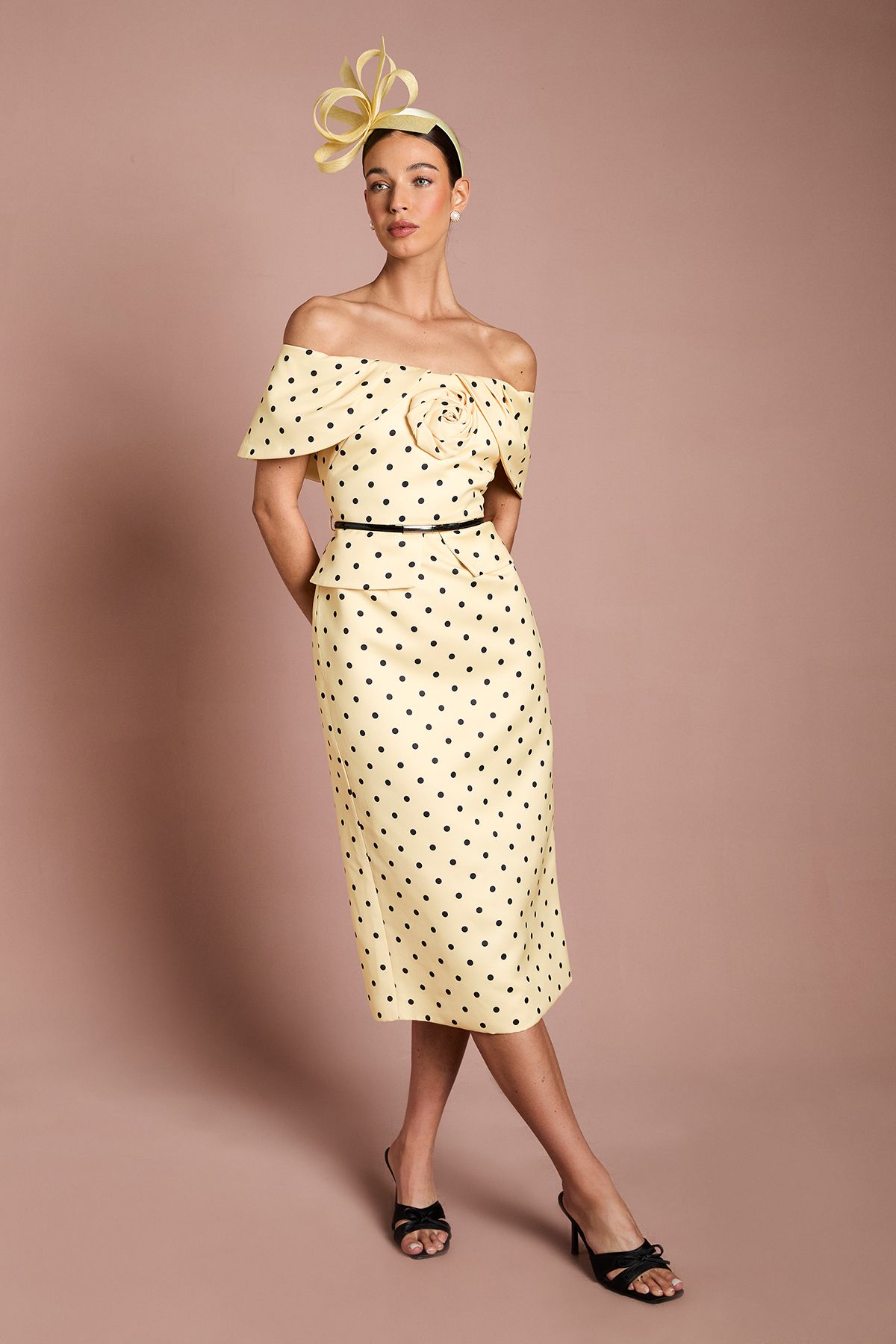 Coast Lisa Tan Spot Print Corsage Off The Shoulder Pencil Dress Lemon