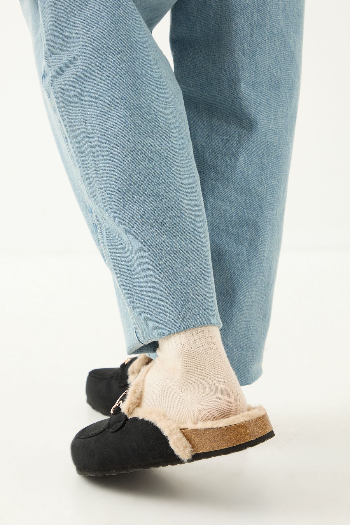 MissPap Faux Suede Fur Lined Snaffle Detail Closed Toe Mules Natural Black image 3