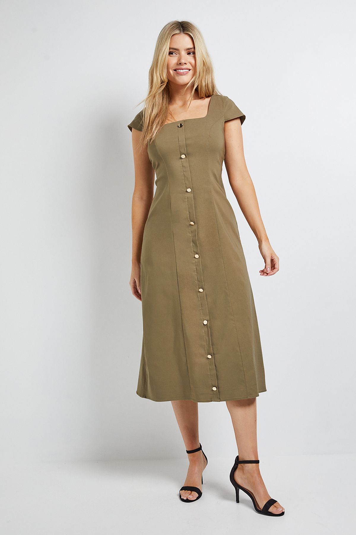 Dorothy Perkins Bengaline Button Down Midi Dress Khaki image 4