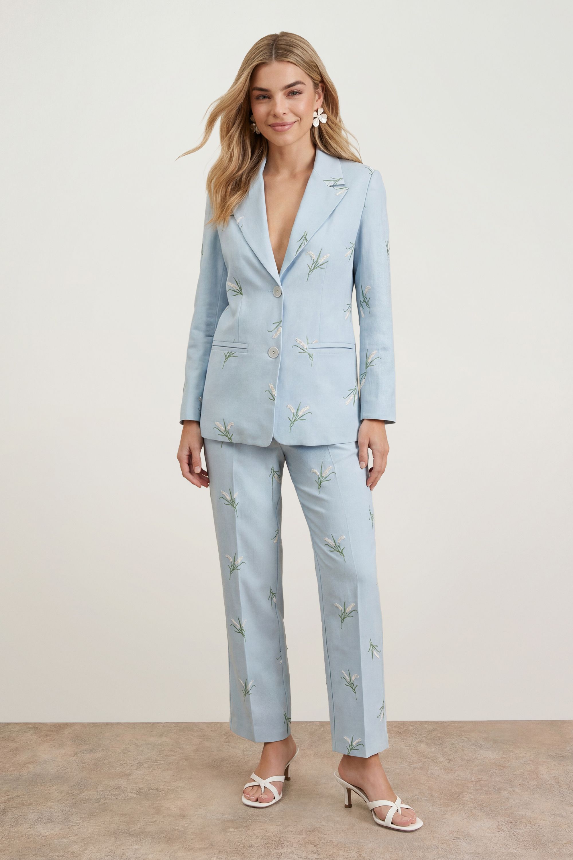Oasis Floral Embroidered Tailored Suit Trouser Pale Blue