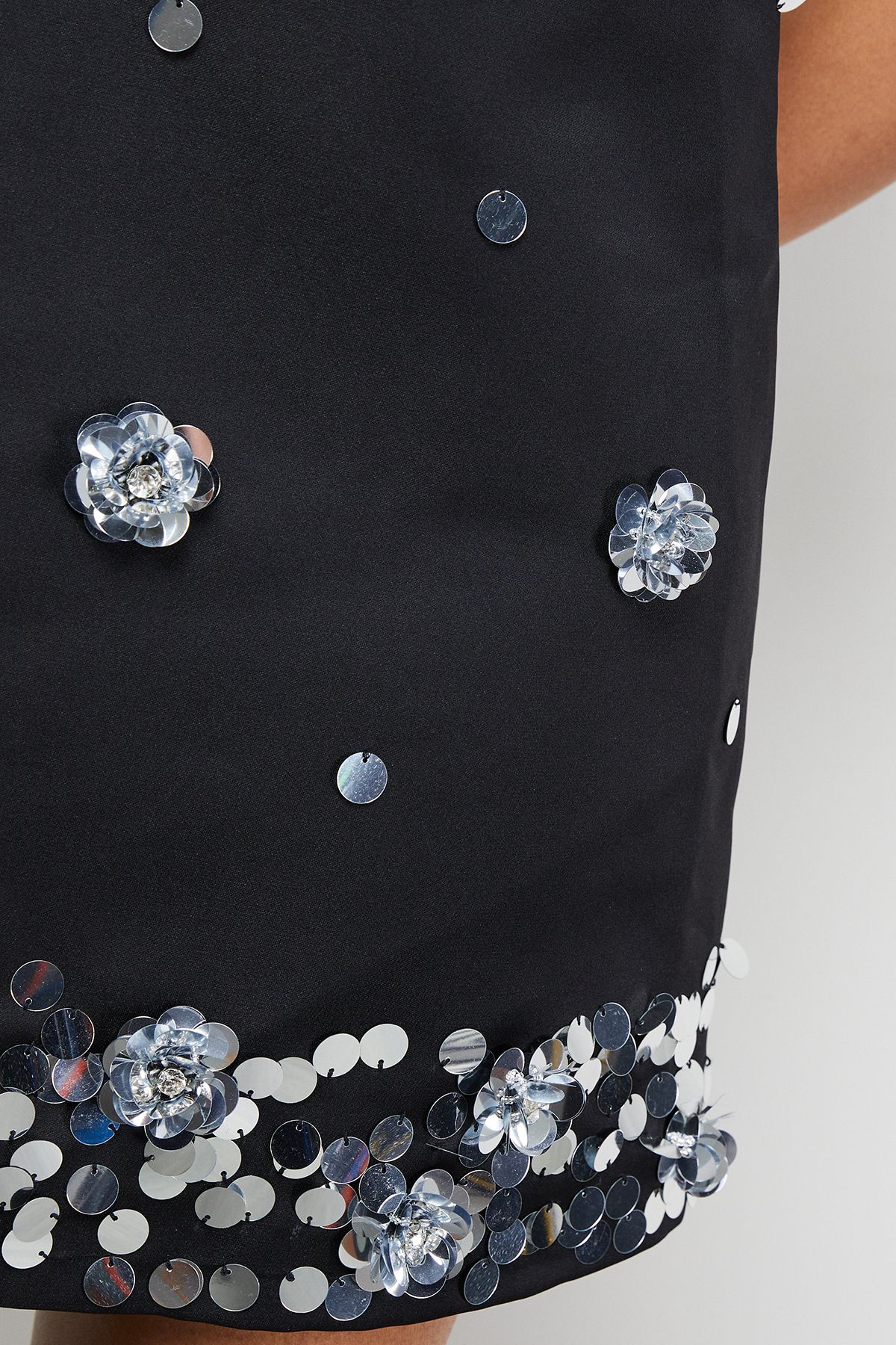 Warehouse Embellished Heavy Satin Plunge Neck Mini Dress Black image 5