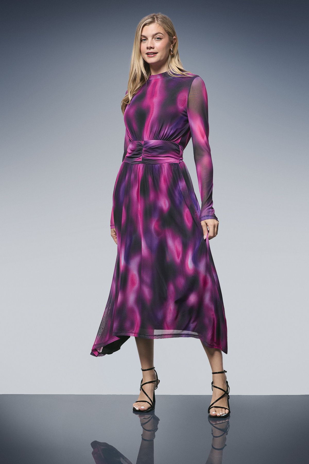 Principles Printed Tie Waist Hanky Hem Mesh Midi Dress Purple image 1