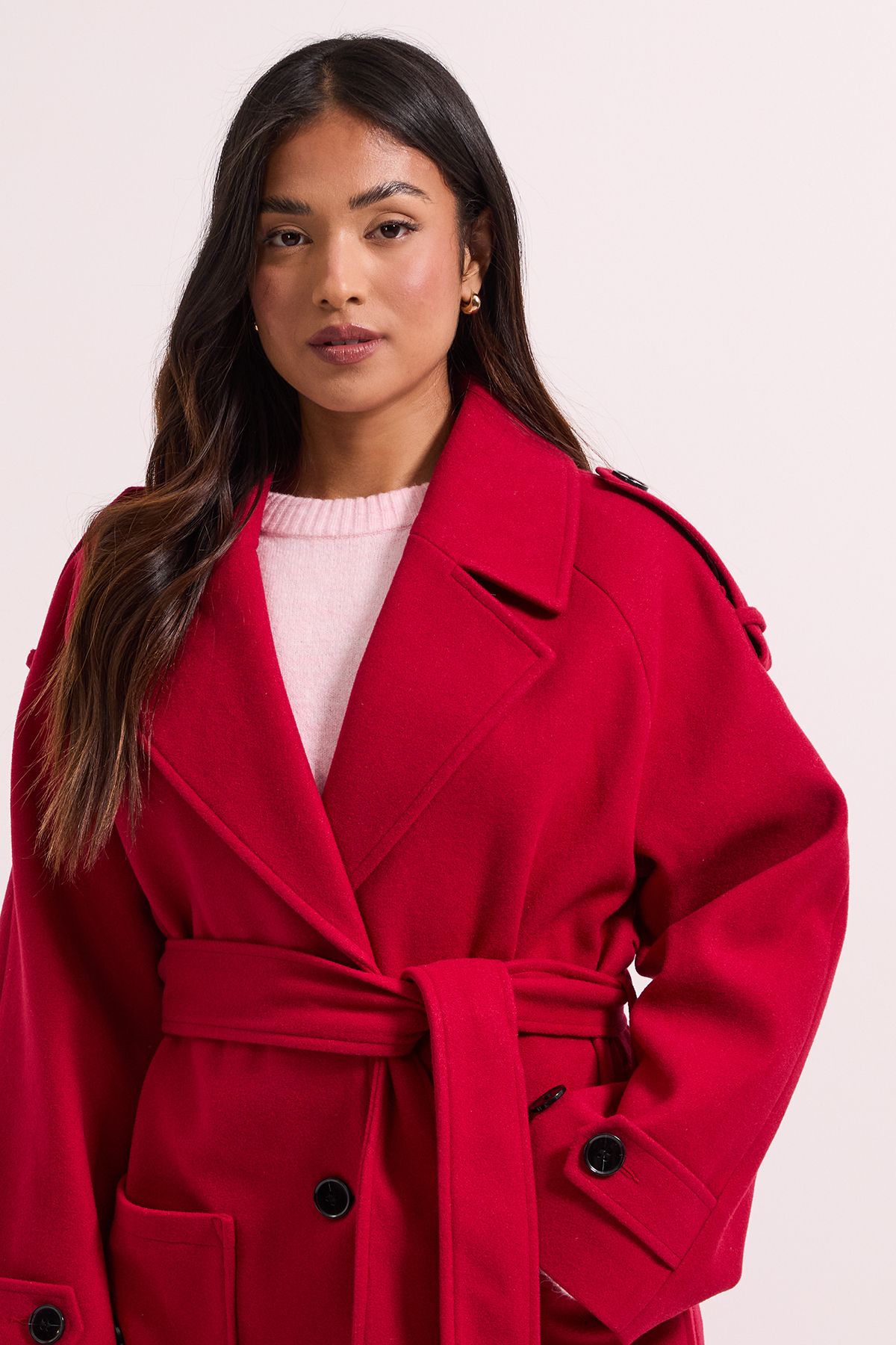 Dorothy Perkins Petite Belted Longline Coat Red image 3
