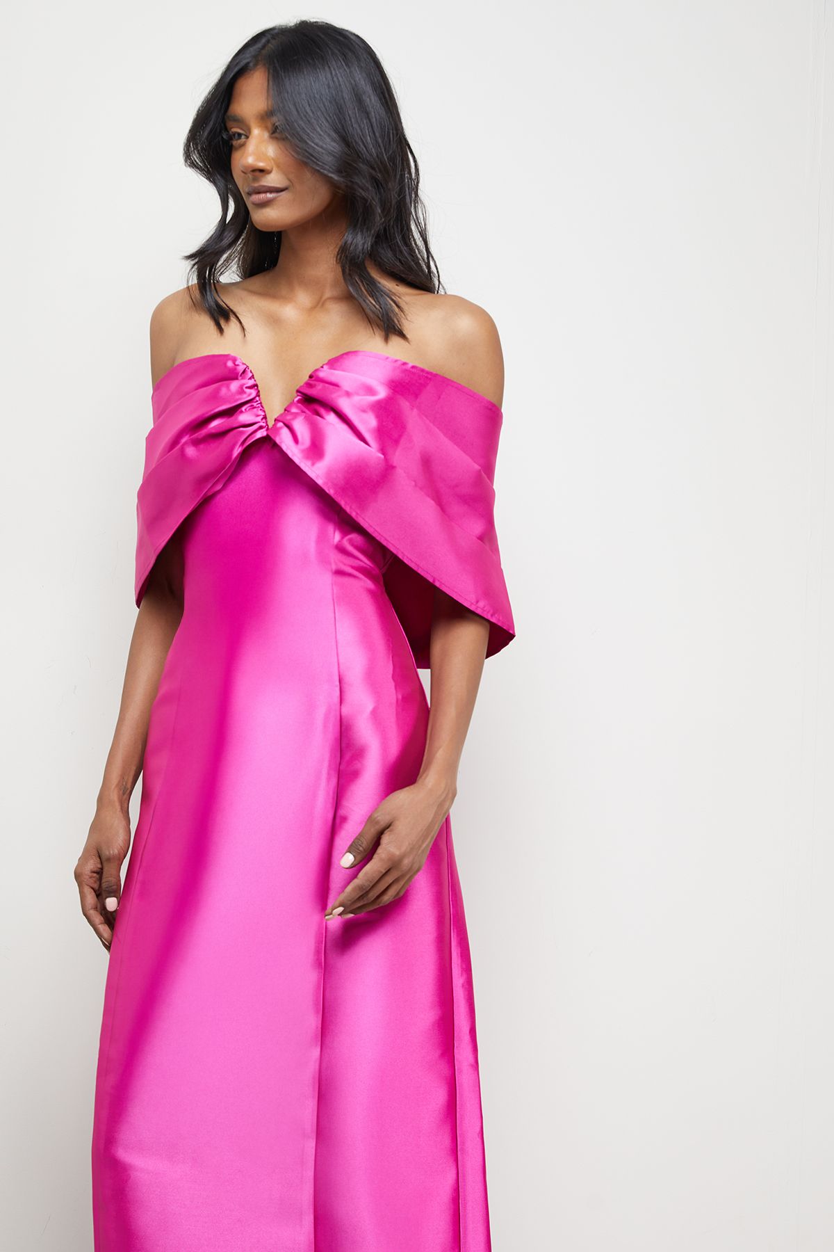 Warehouse Satin Twill Notch Front Bardot Midi Dress Pink image 2