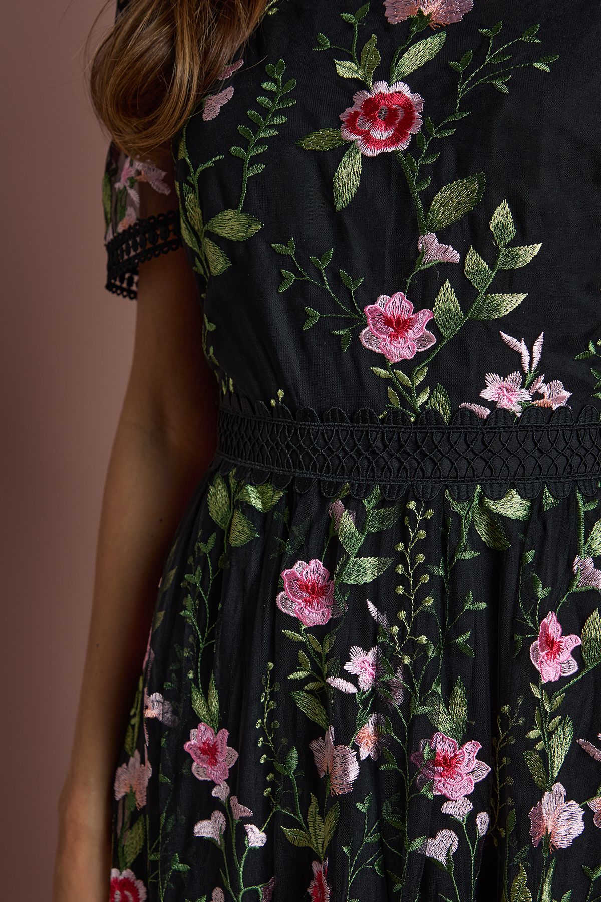 Coast Lace Trim Detail Embroidered Mesh Midi Dress Black image 5