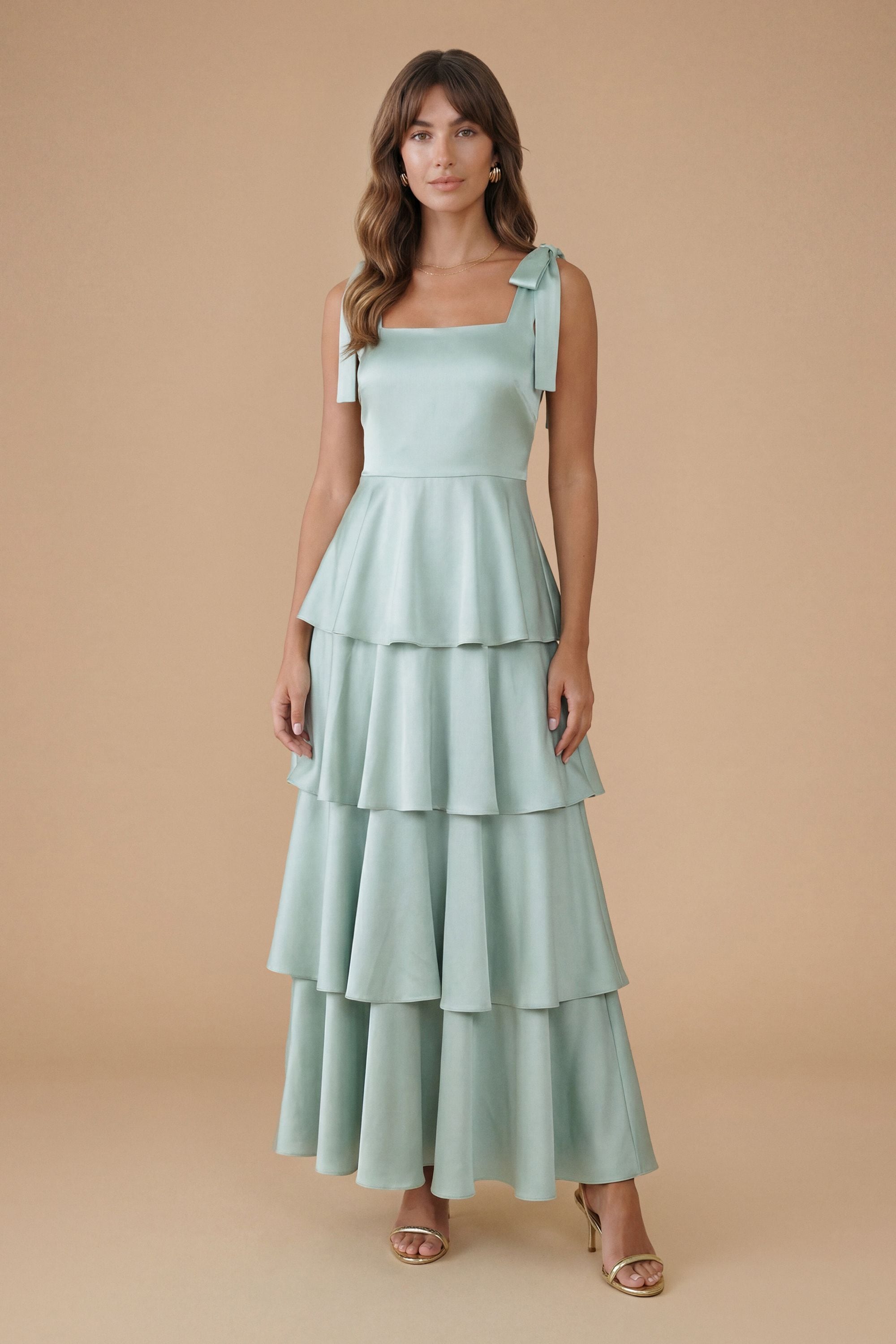 Oasis Satin Tie Shoulder Bridesmaid Maxi Dress Sage