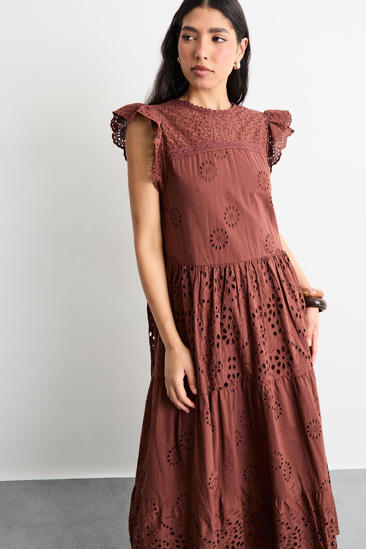 Warehouse Broderie Mix Tiered Midi Dress Brown image 2