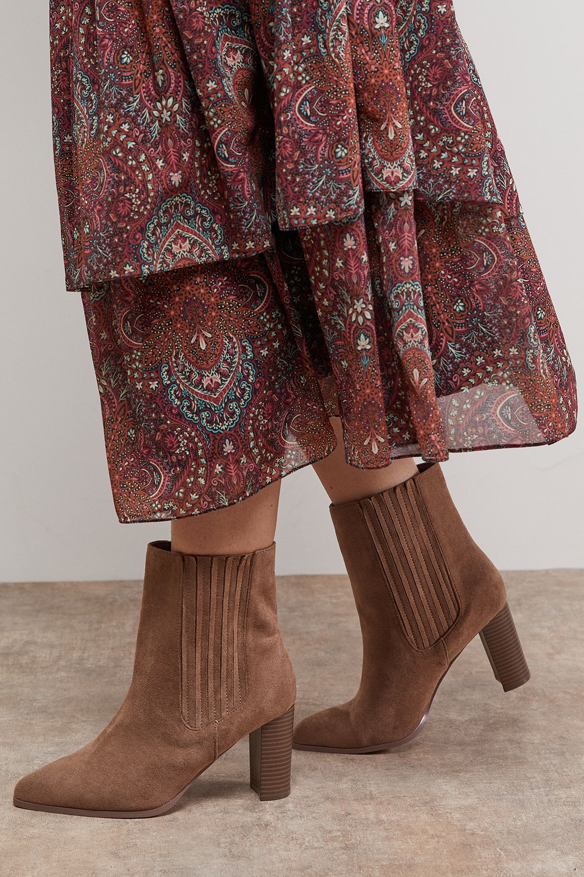 Oasis Wide Fit Maria Faux Suede High Block Heel Pointed Chelsea Ankle Boots Taupe image 1