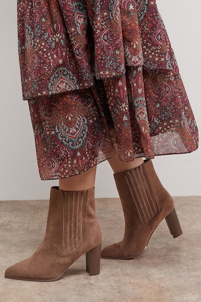 Oasis Wide Fit Maria Faux Suede High Block Heel Pointed Chelsea Ankle Boots Taupe
