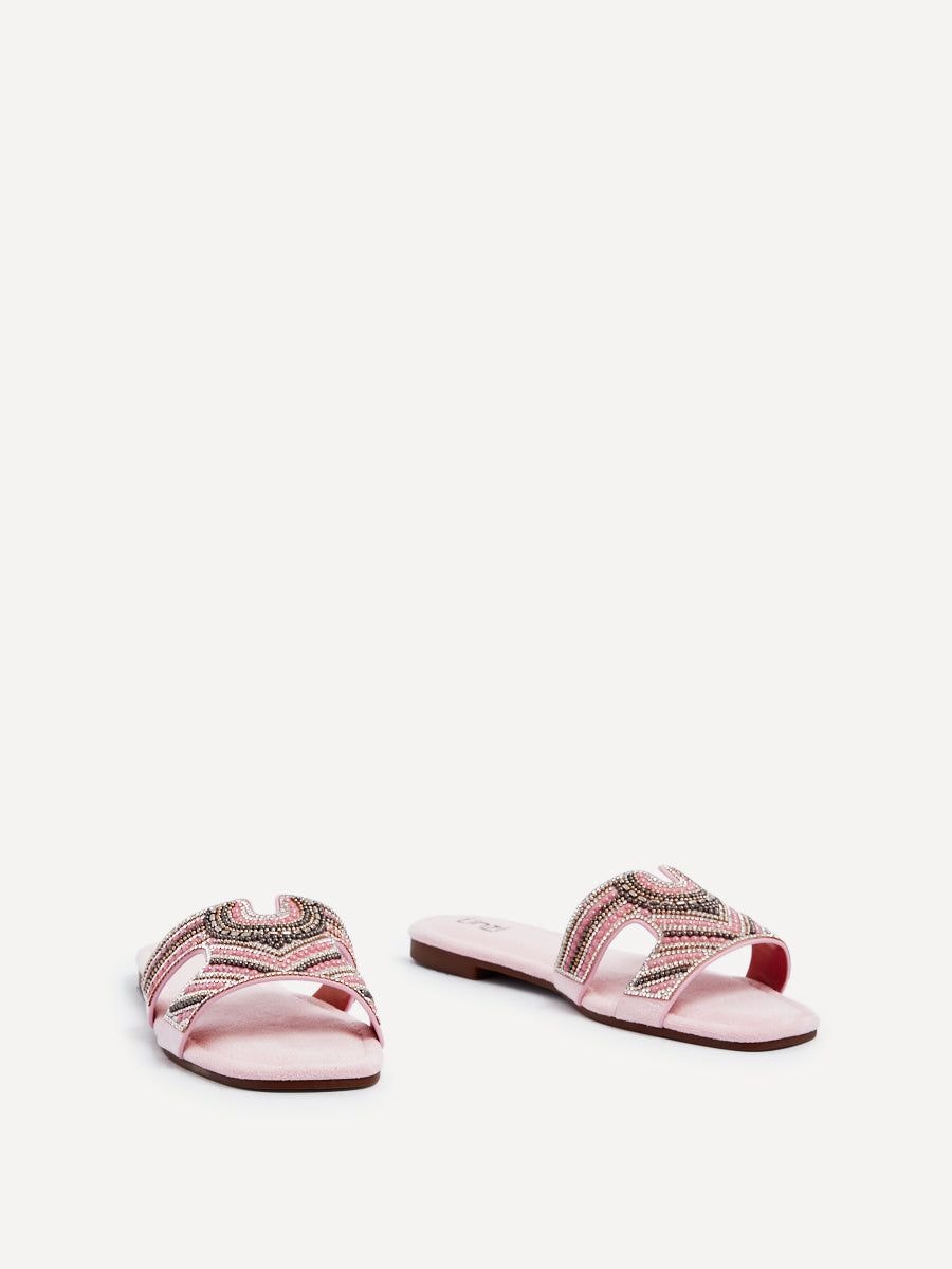Linzi Indira Baby Pink Suede Aztec Design Embellished Slider Sandal image 3