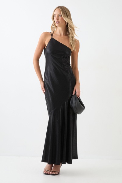 MissPap Asymmetric Neck Metallic Maxi Dress Black