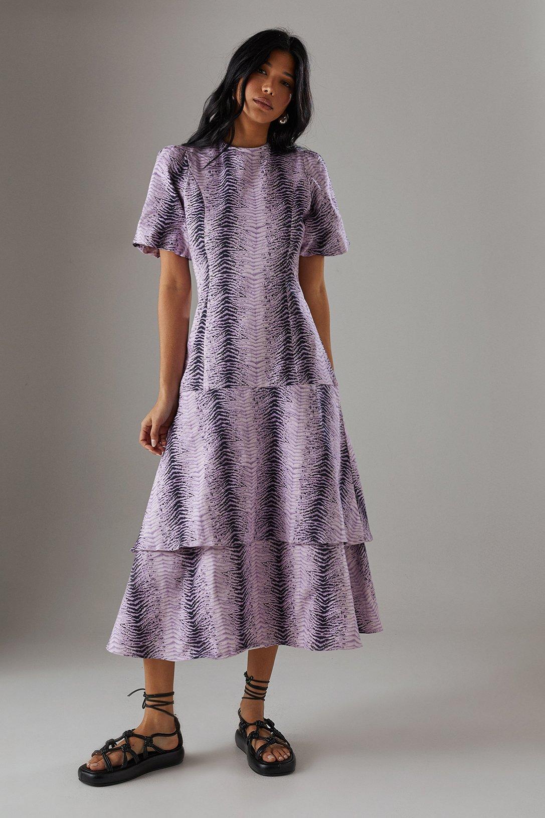 Warehouse Animal Twill Puff Sleeve Ruffle Hem Midi Dress Ice Lilac image 1