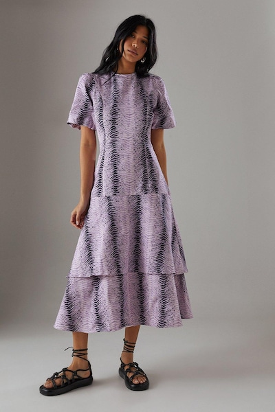 Warehouse Animal Twill Puff Sleeve Ruffle Hem Midi Dress Ice Lilac