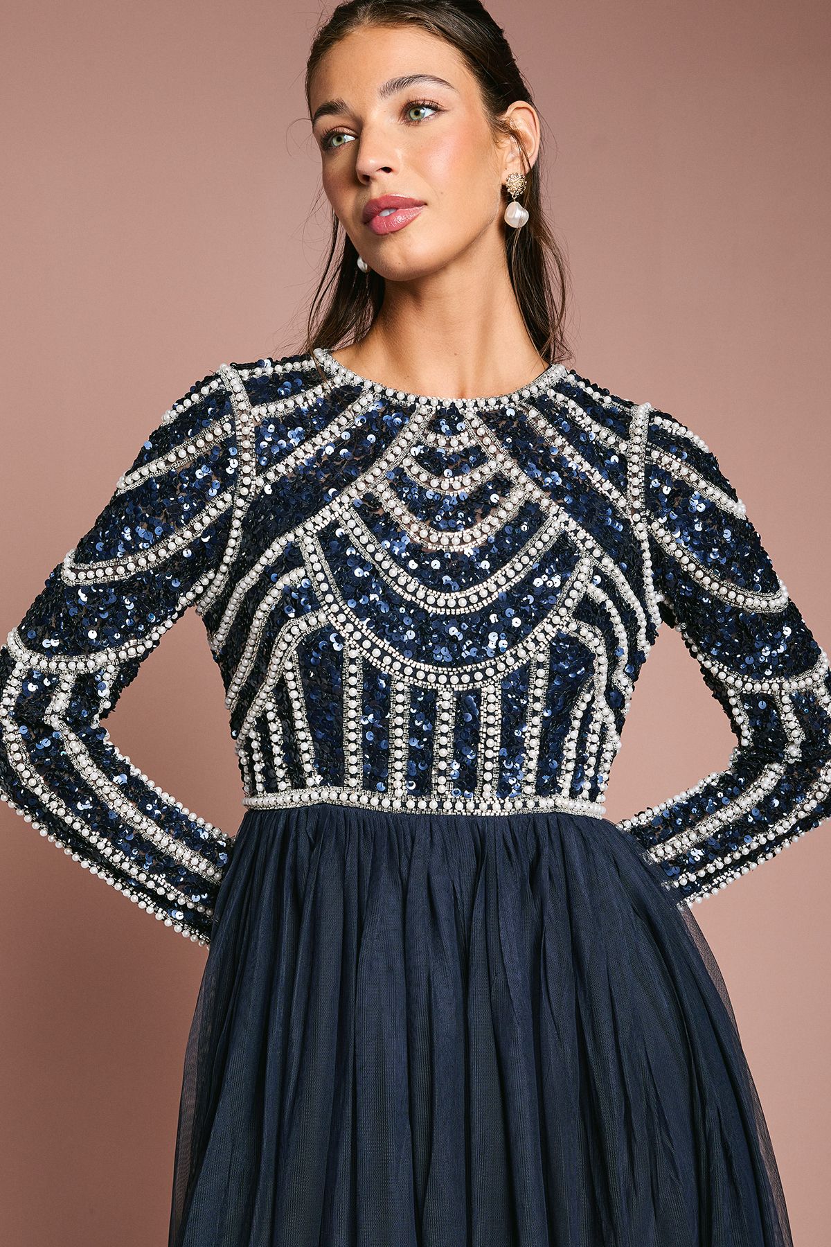 Coast Coast Honoured Long Sleeve Sequin Bodice Tulle Skirt Maxi Bridesmaid Dress Navy image 3