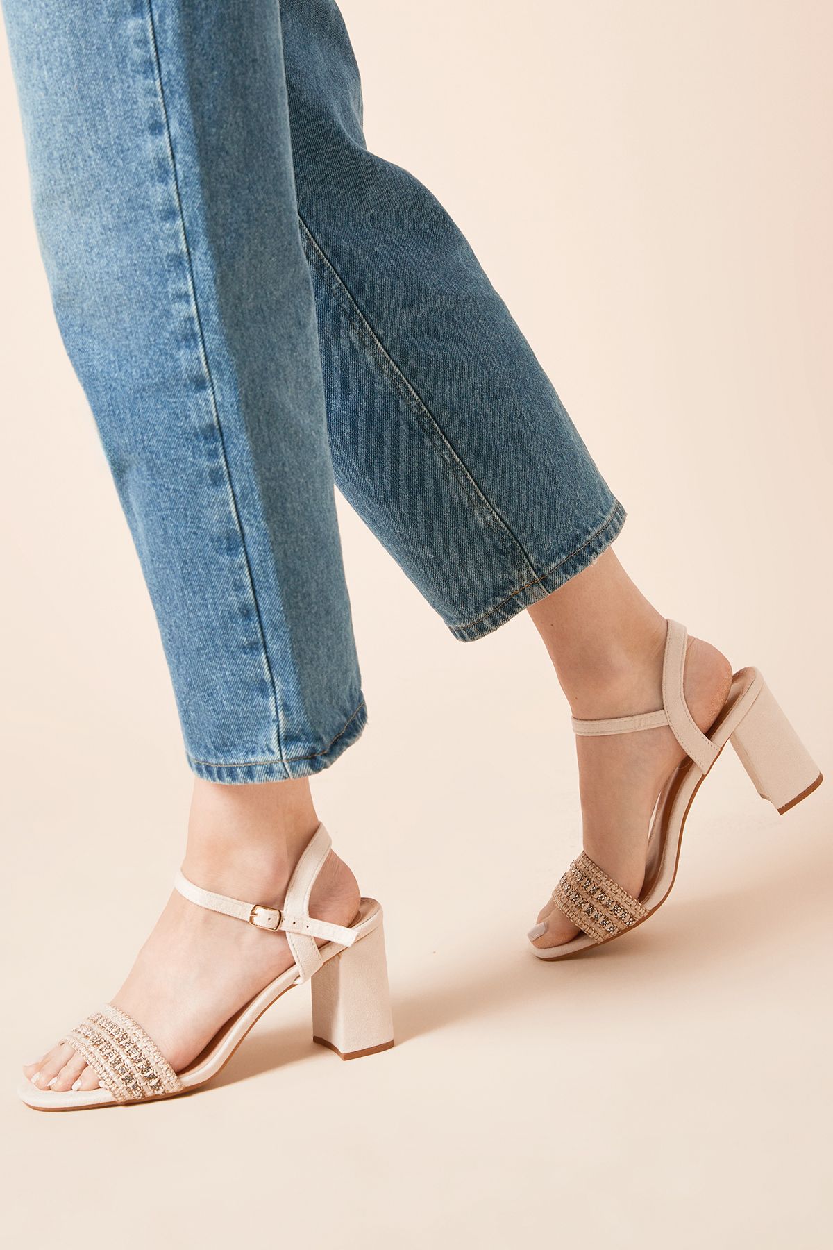 Dorothy Perkins Elspeth Faux Suede Woven Detail High Block Heeled Sandals Beige image 3