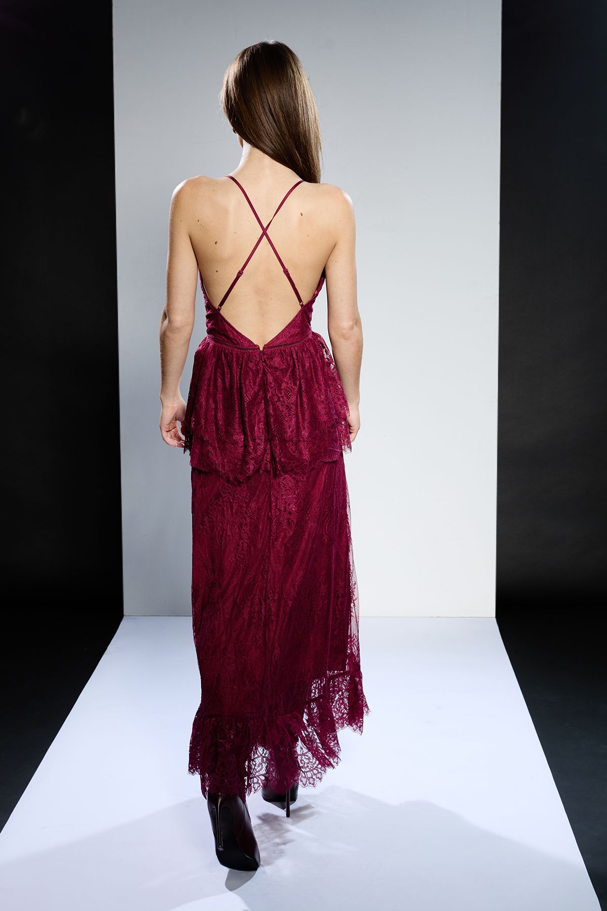 RUNWAY 1.8.1.8 Runway 1.8.1.8 Strappy Lace Peplum Maxi Dress Cherry image 3