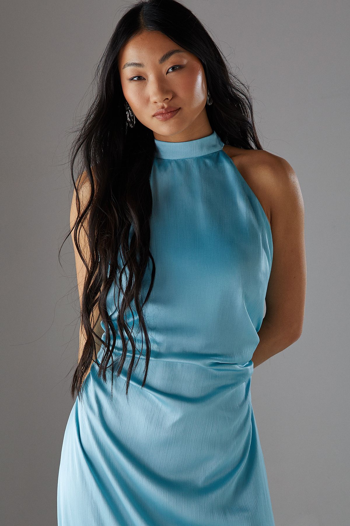 Warehouse Petite Crinkle Satin Halter Fringe Midi Dress Blue image 3