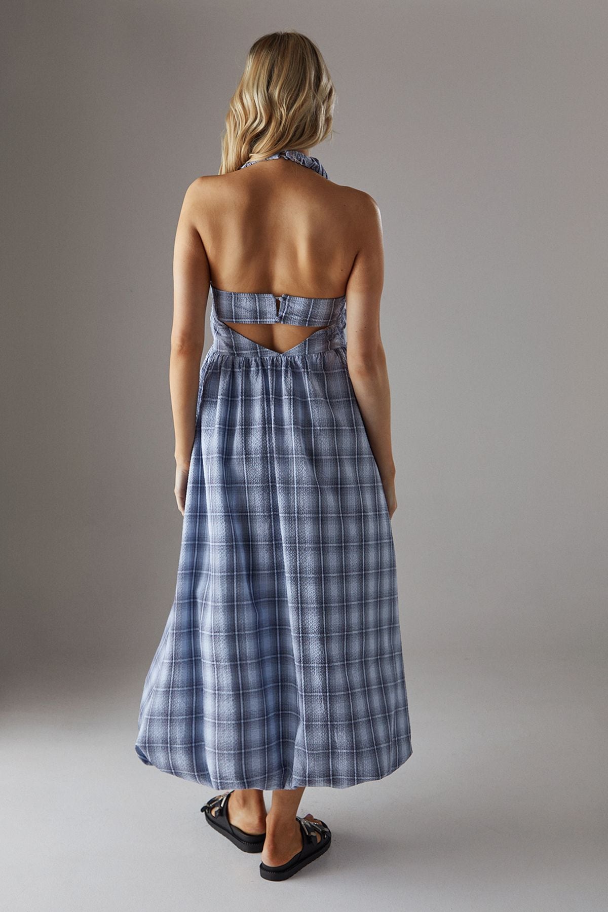 Warehouse Check Halter Open Back Puff Ball Midi Sundress Baby Blue image 3