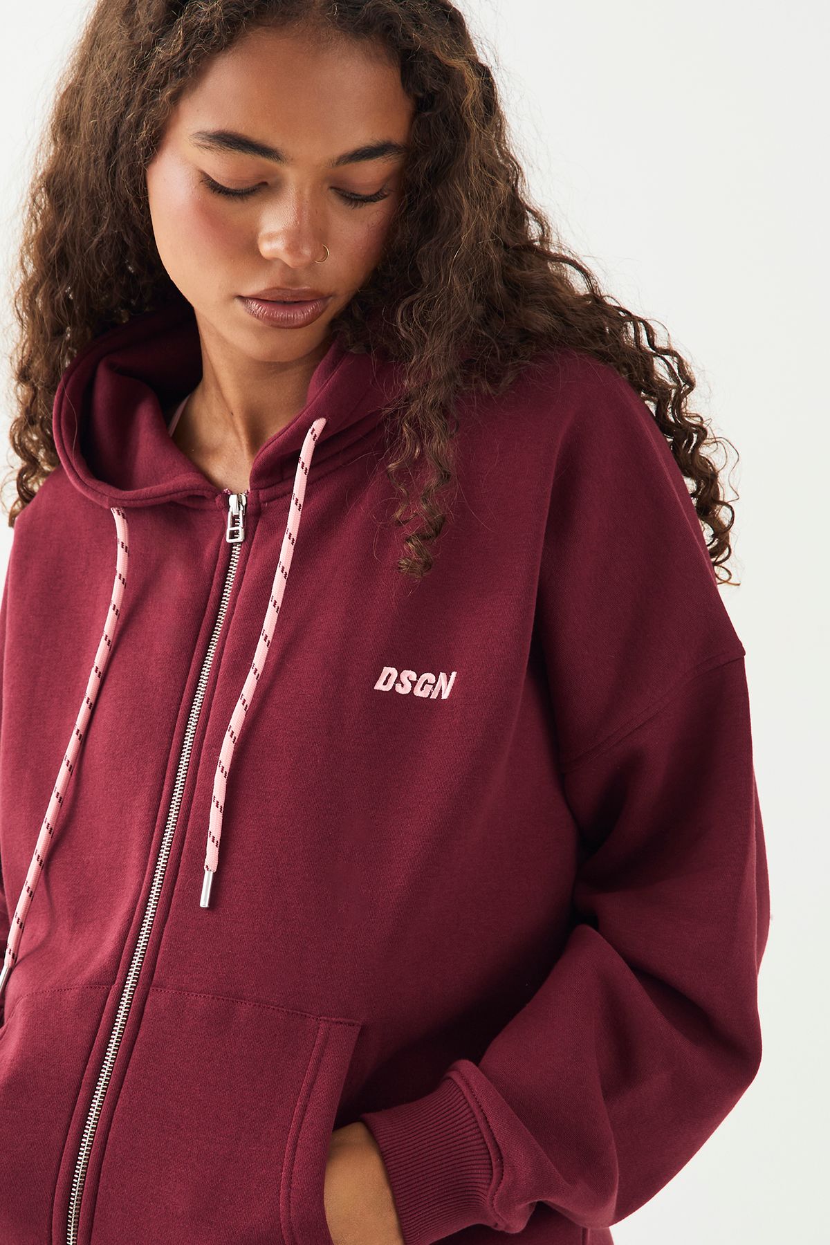 DSGN Studio DSGN Studio Sport Zip Through Oversized Hoodie Burgundy image 4