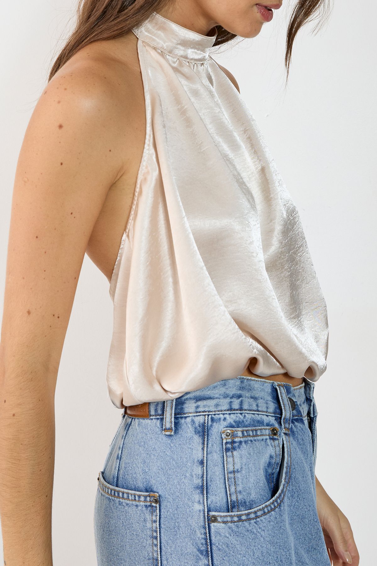 NastyGal Satin High Neck Puffball Top Oyster image 5