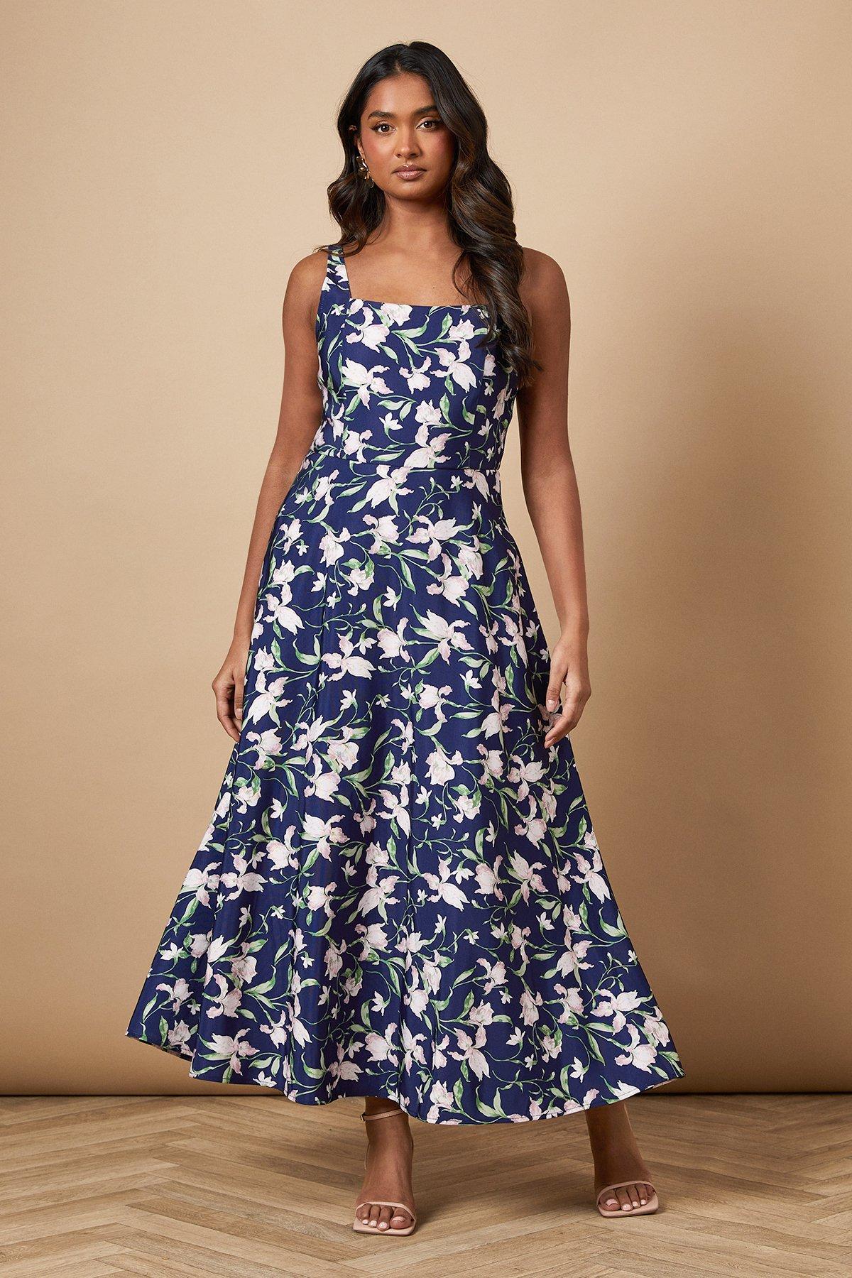 Oasis Navy Oasis Blue Dresses Oasis Navy Floral Square Neck Maxi