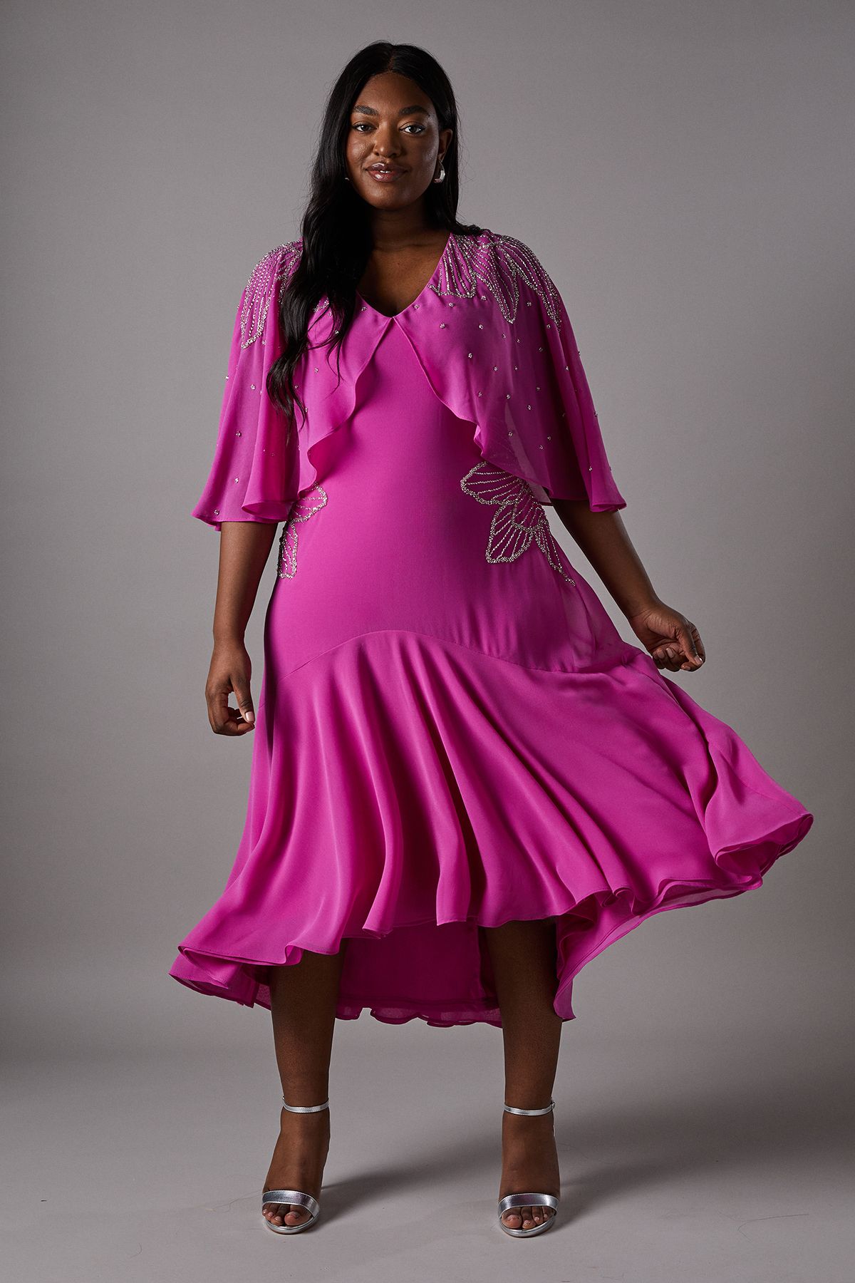 Coast Plus Embellished Midi Dress With Cape Sleeves Pink image 1
