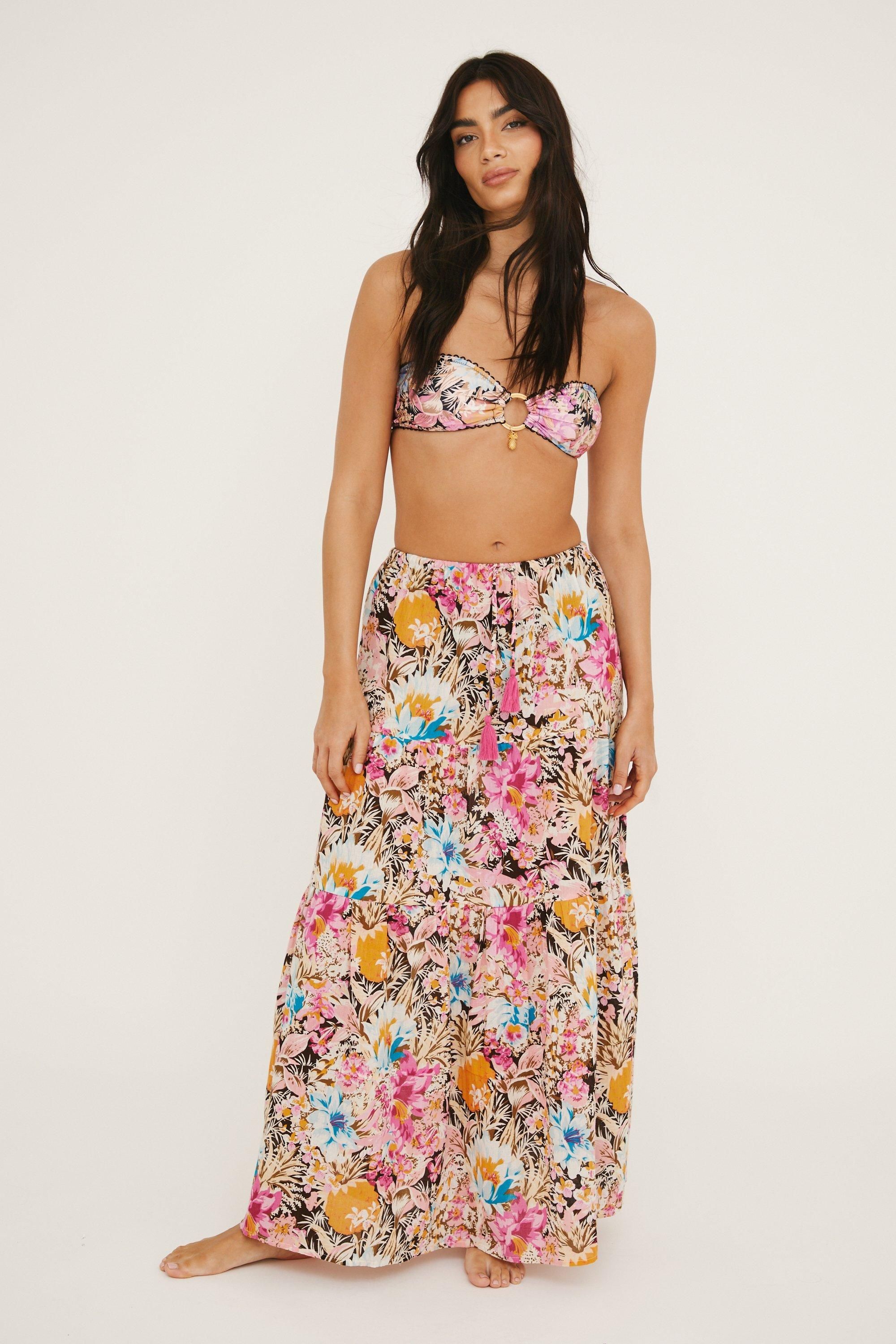 NastyGal Cotton Pineapple Low Rise Tassel Maxi Beach Skirt Pink image 1