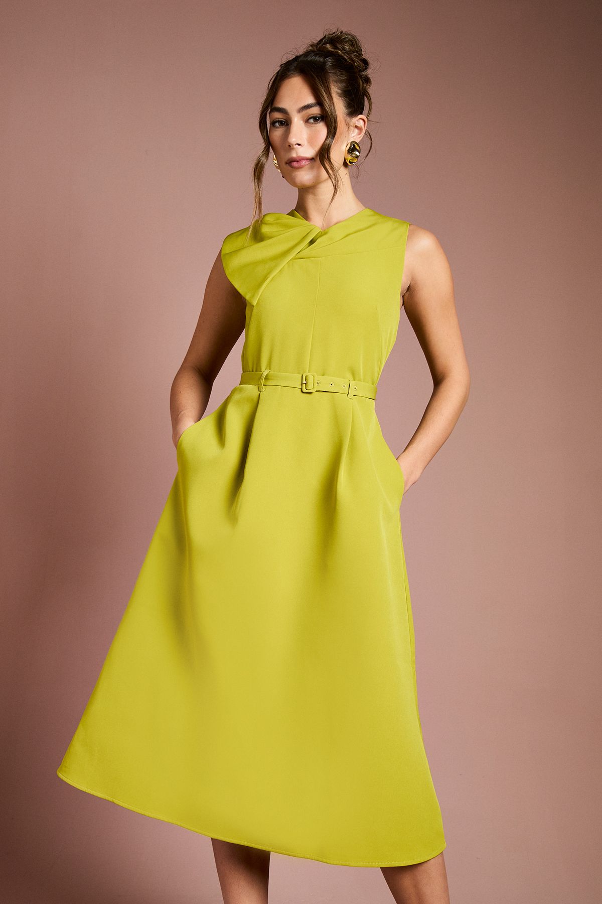 Coast Bow Detail Belted Crepe Midi Dress Acid Lime image 2