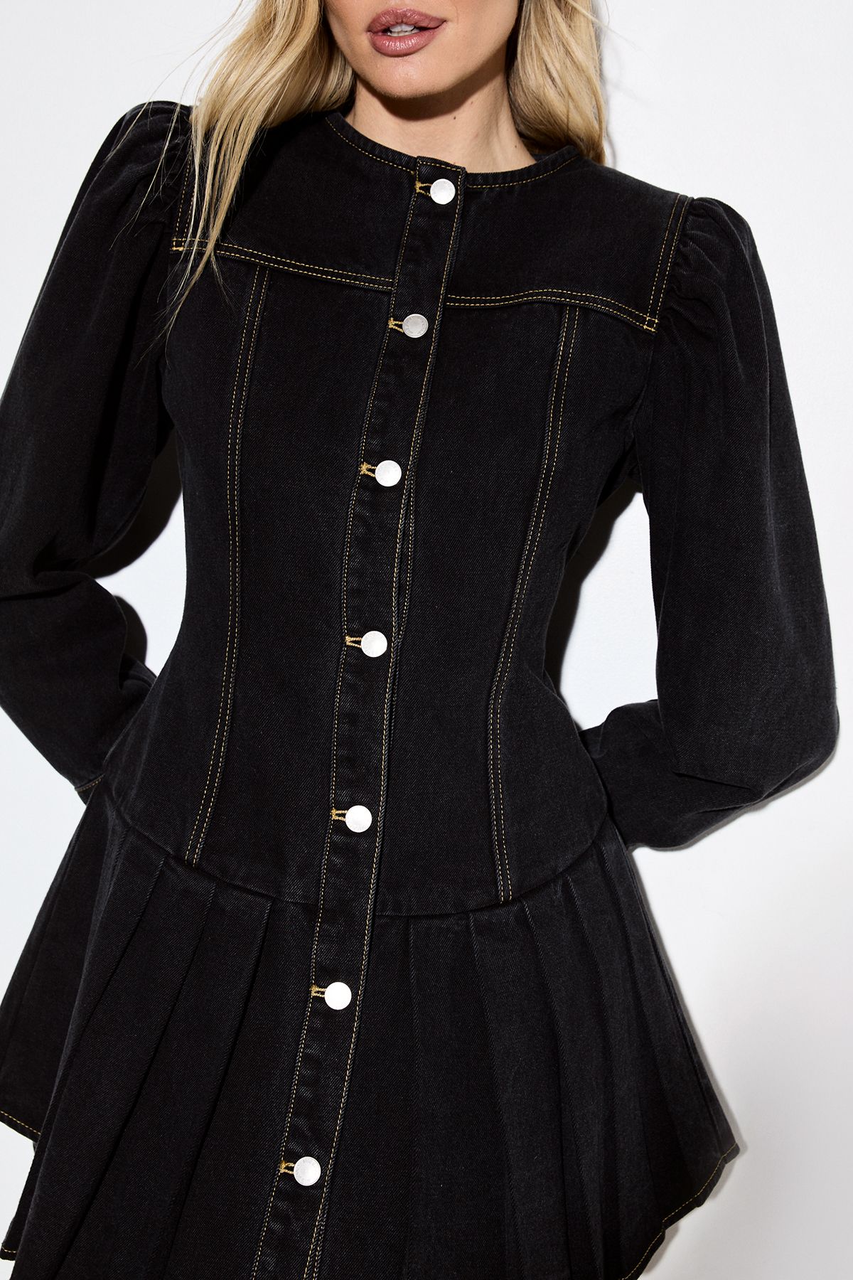 MissPap Premium Denim Pleat Hem Balloon Sleeve Dress Washed Black image 4