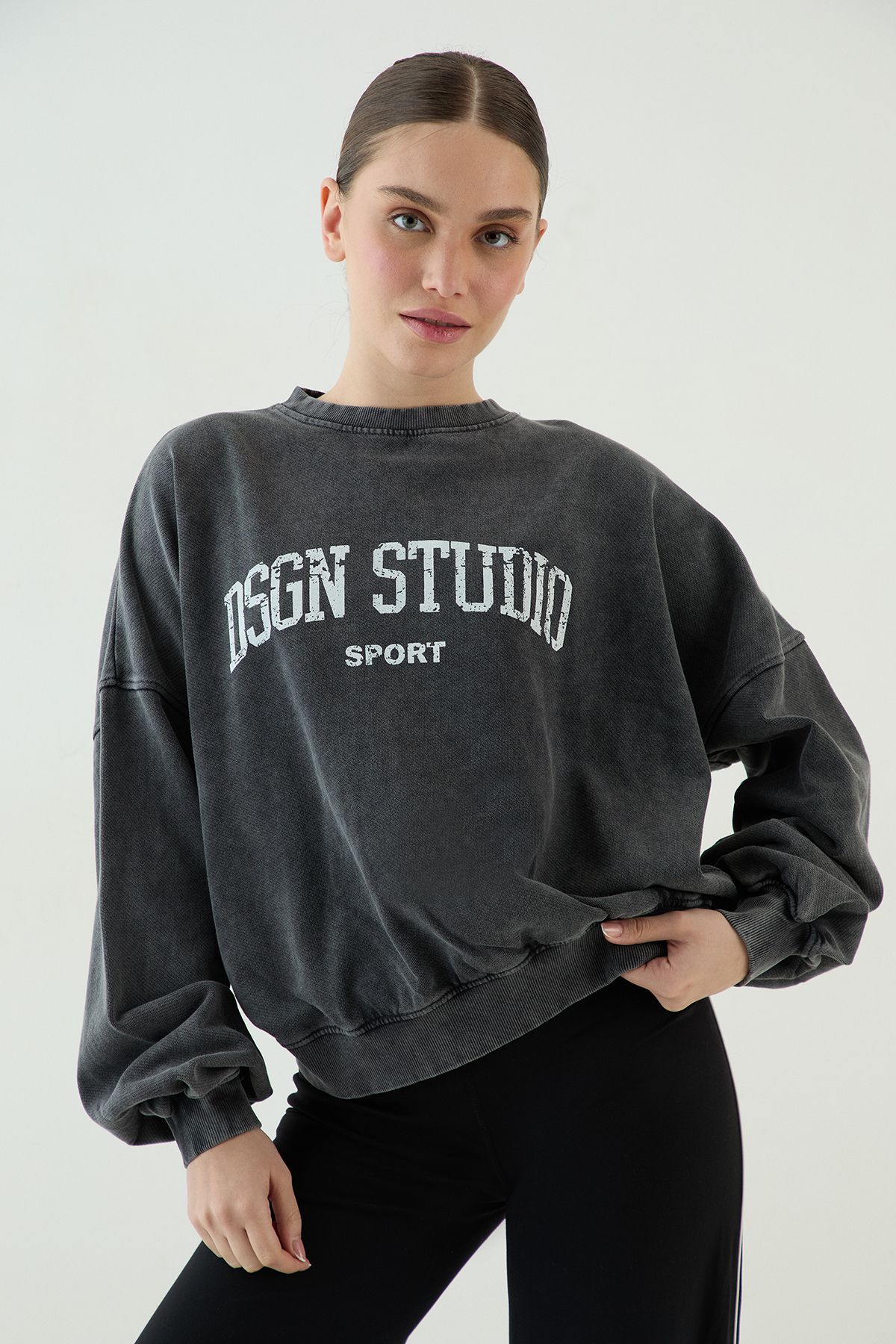 DSGN Studio DSGN Studio Collegiate Printed Balloon Sleeve Crew Neck Sweatshirt Charcoal