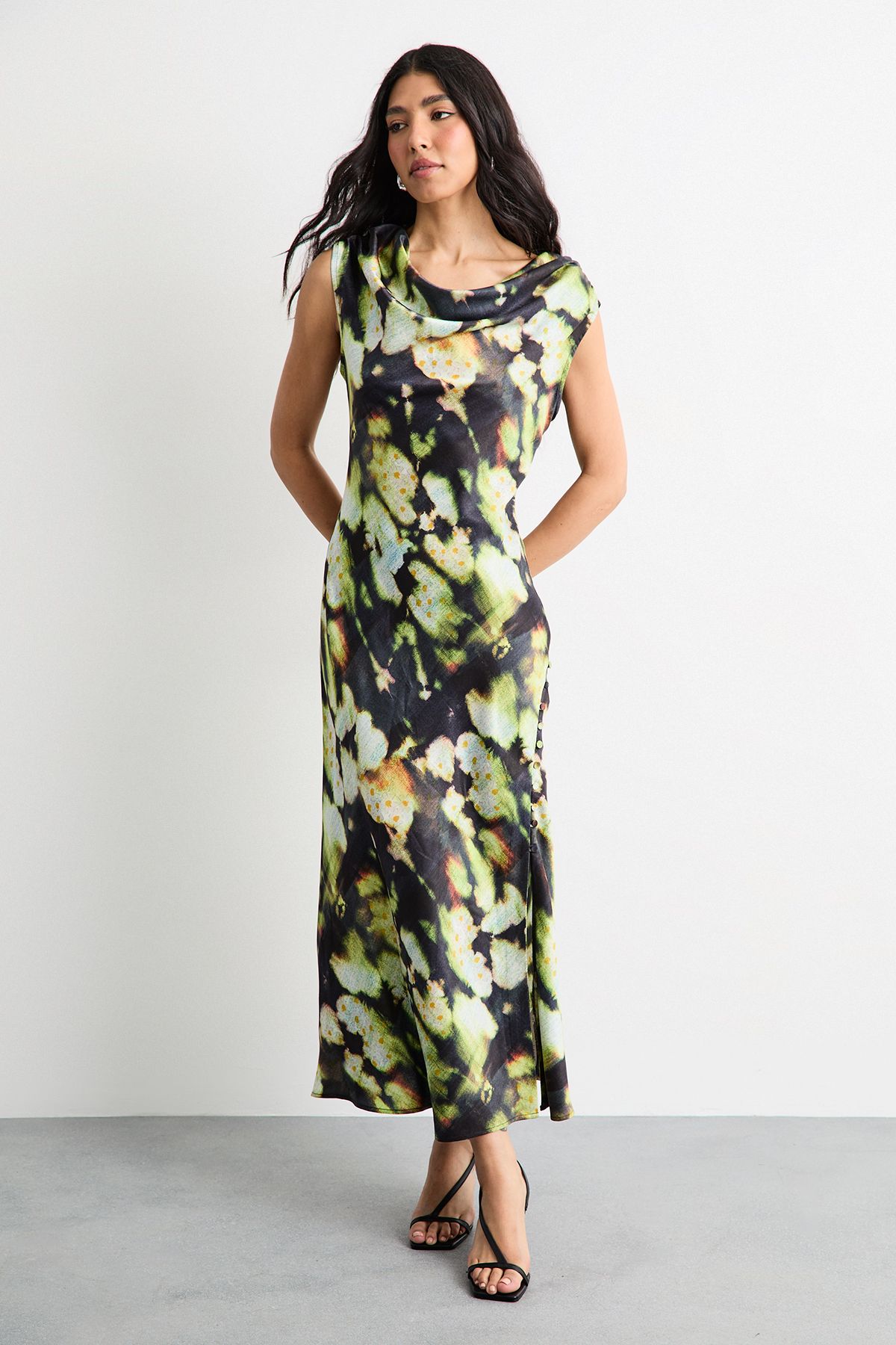 Warehouse Abstract Print Cowl Bias Satin Dress With Button Detail Green image 4
