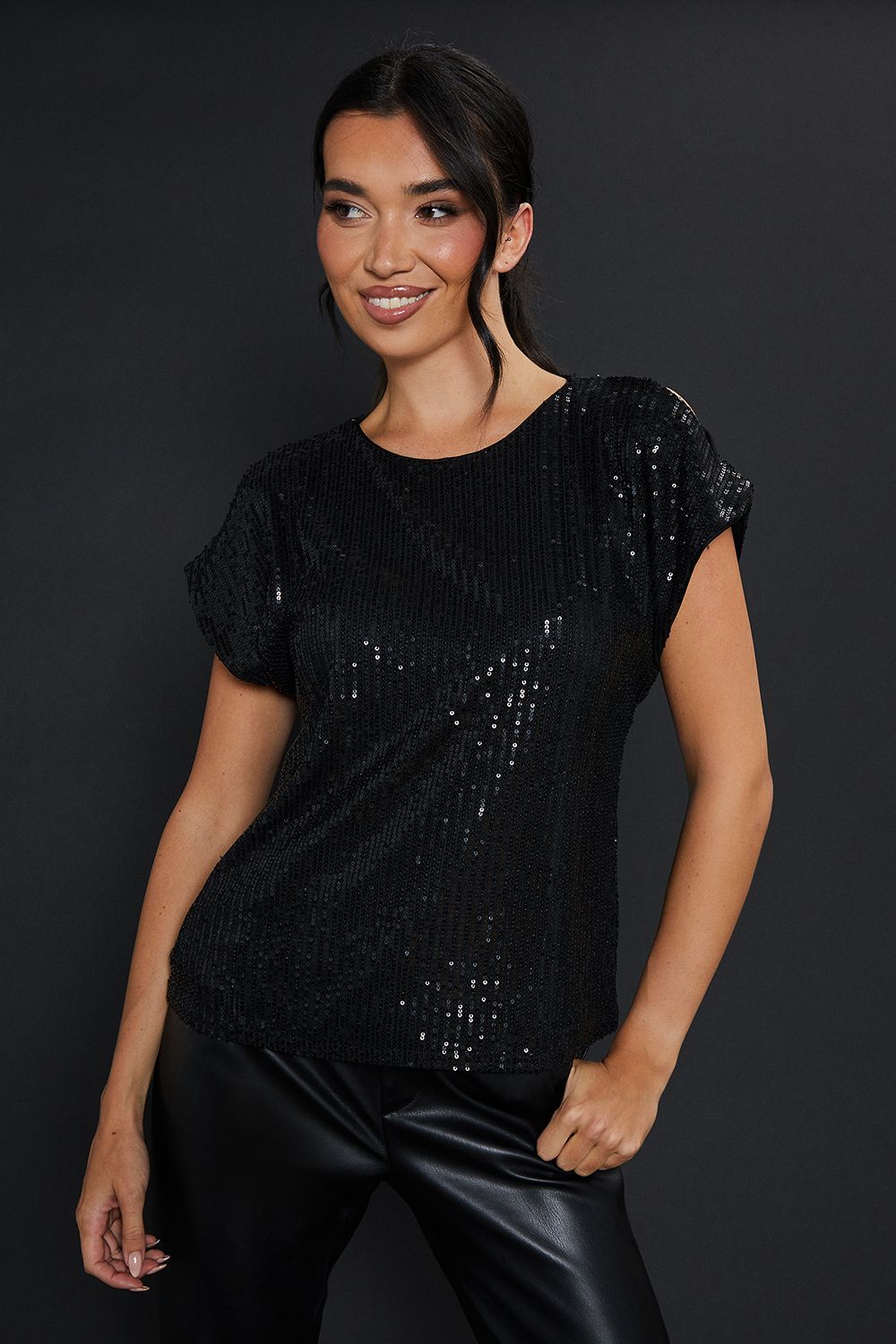 Dorothy Perkins Sequin Keyhole Shoulder Short Sleeve Top Black image 1