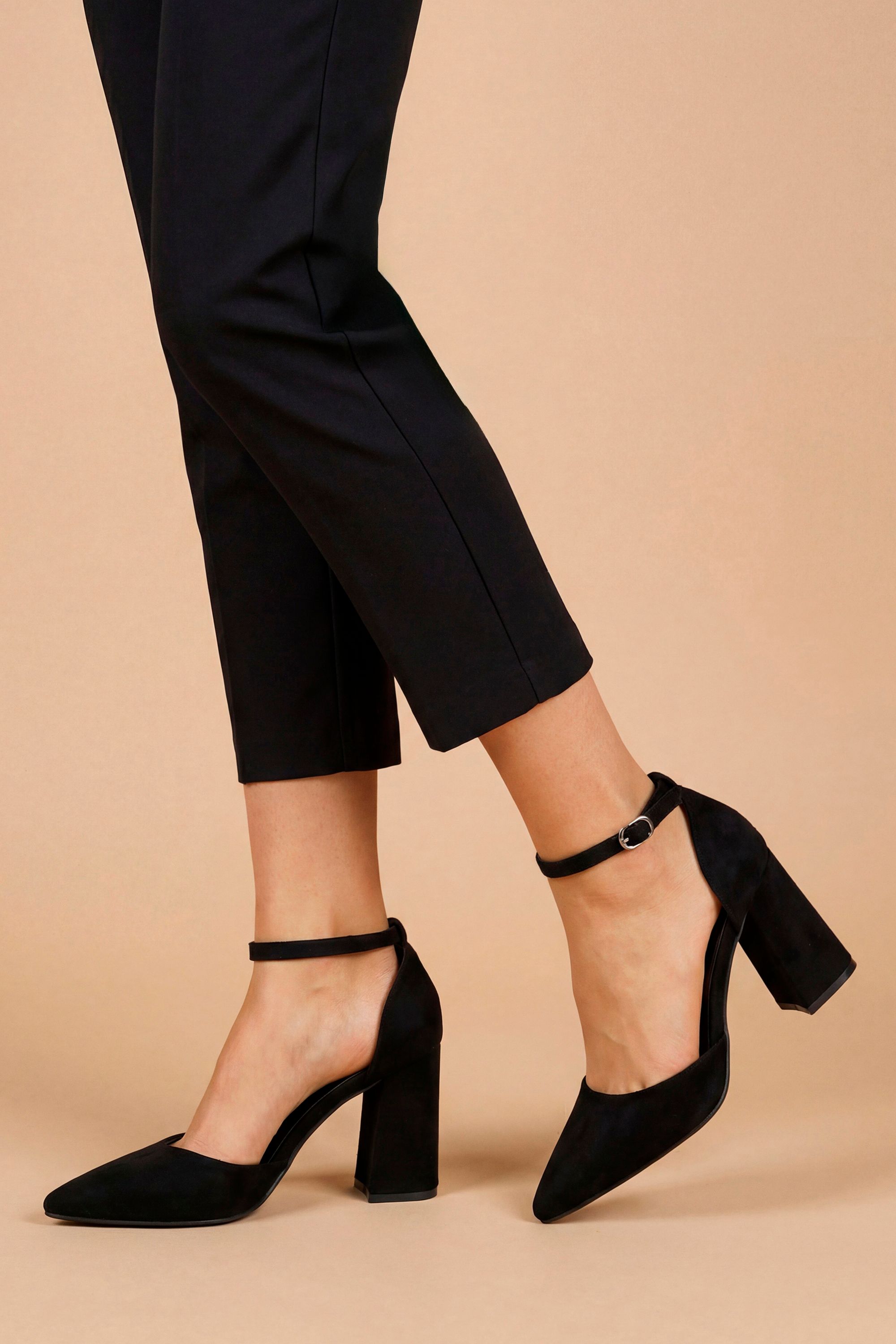 Dorothy Perkins Blanche Faux Suede Ankle Strap Pointed High Block Heel Court Shoes Natural Black