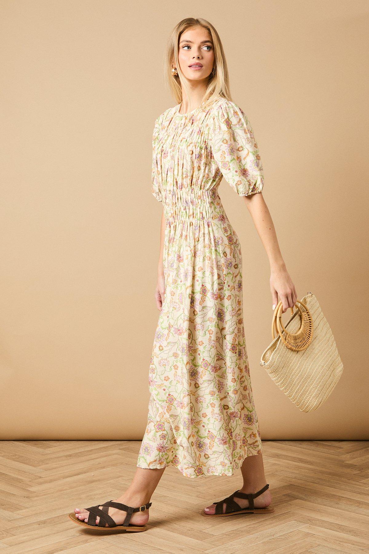 Oasis Printed Shirred Bodice Puff Sleeve Midi Dress Multi image 1