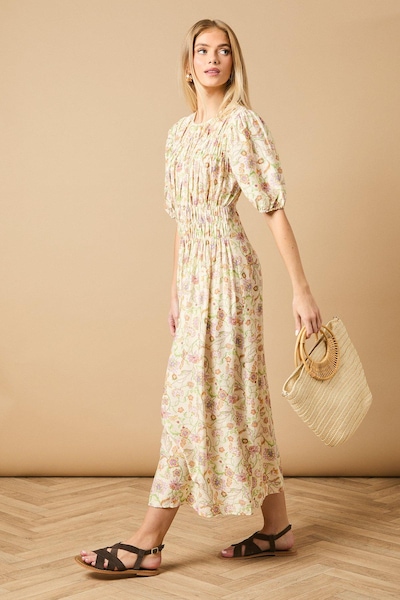 Oasis Printed Shirred Bodice Puff Sleeve Midi Dress Multi