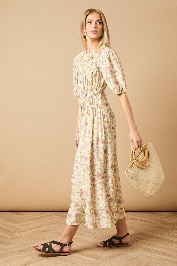 Oasis Printed Shirred Bodice Puff Sleeve Midi Dress Multi