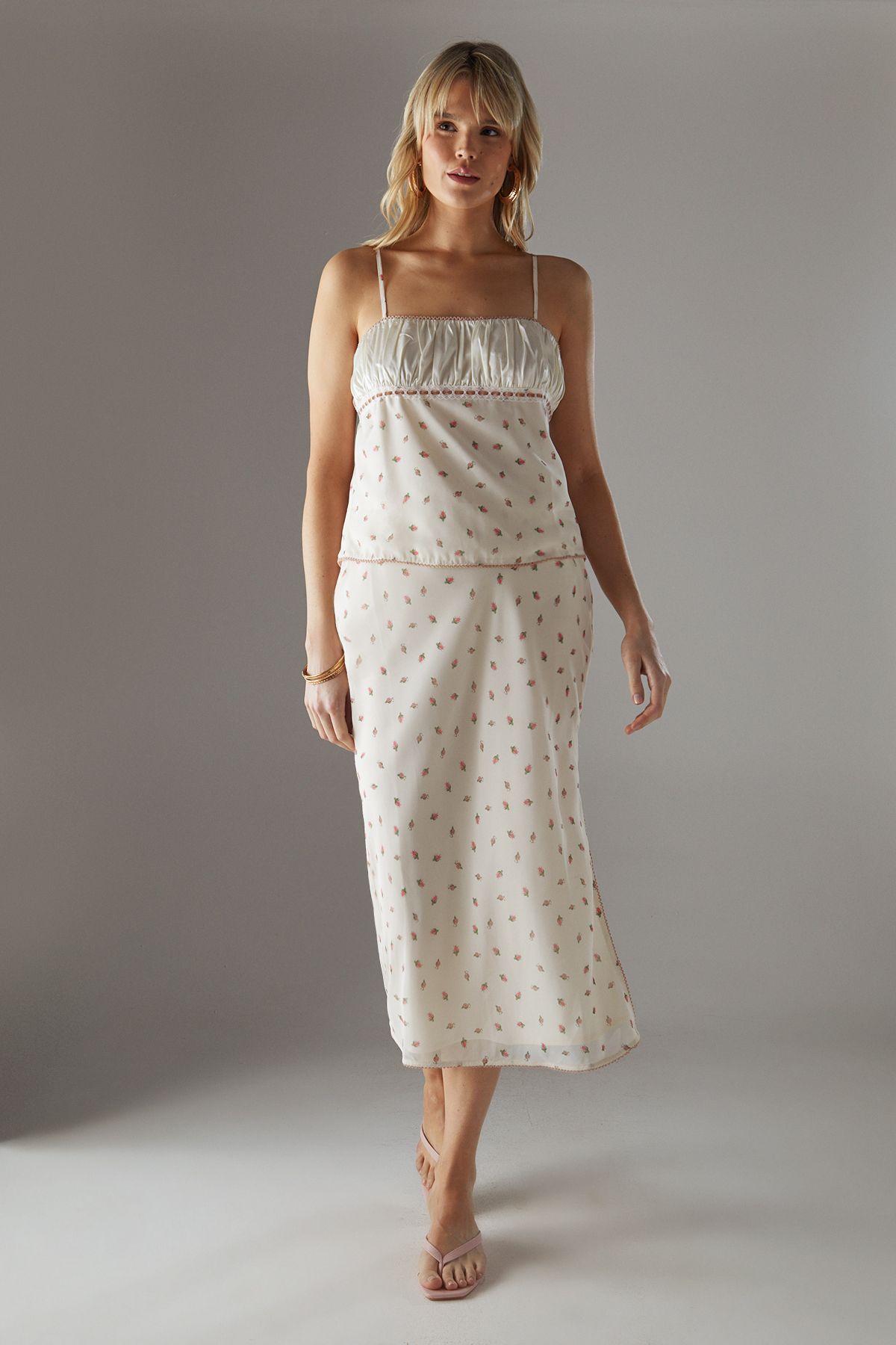 Warehouse Georgette Lace Trim Bias Midi Skirt Floral image 1